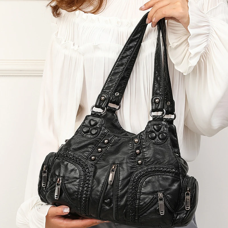 Yogodlns Vintage Weiche PU Leder Schulter Tasche Frauen Große Kapazität Handtasche Mode Umhängetasche Nähte Farbe Griff Tasche sac – Detail 8