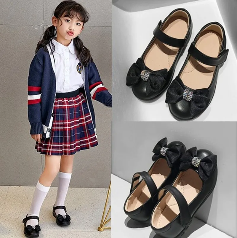 2023New School Kids Black Leather Shoes Girls Princess Shoes For Dancing Childrens performance Dress Shoes Student 4 5 6 7 8-18T