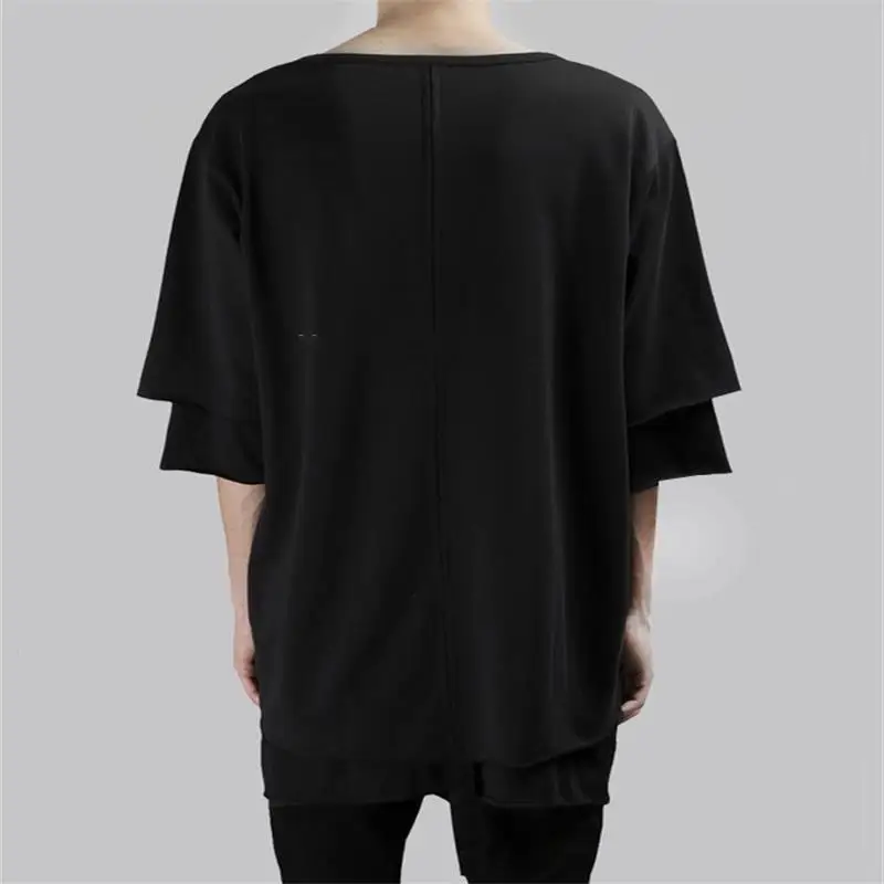 Men's new dark hair stylist style trendy patchwork loose five-quarter sleeve T-shirt and plus-size singer outfit