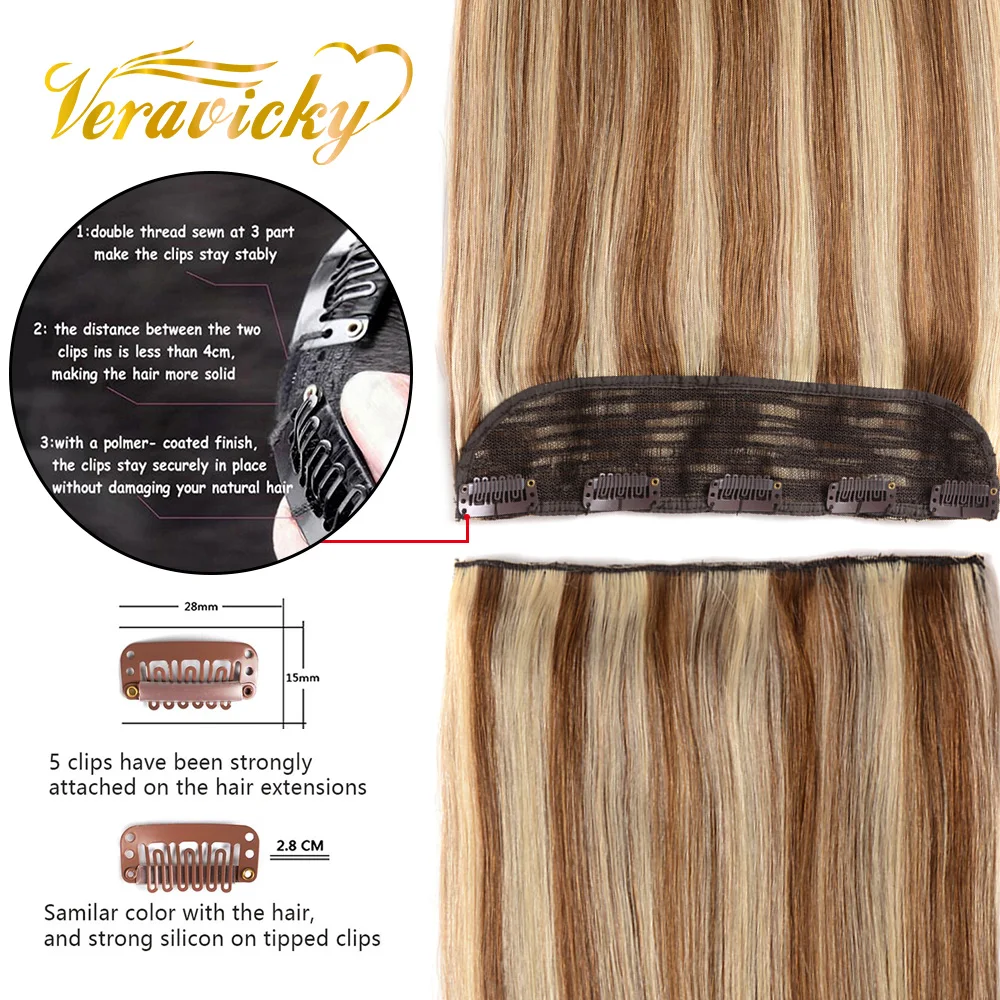 ต่อผมแบบคลิปหนีบ 100% ผมแท้สีเปียโน ขนาด 14"-24"  1 ชิ้น/5 คลิป  ทำด้วยเครื่องจักร  เส้นผมตรงธรรมชาติแบบเรมี่