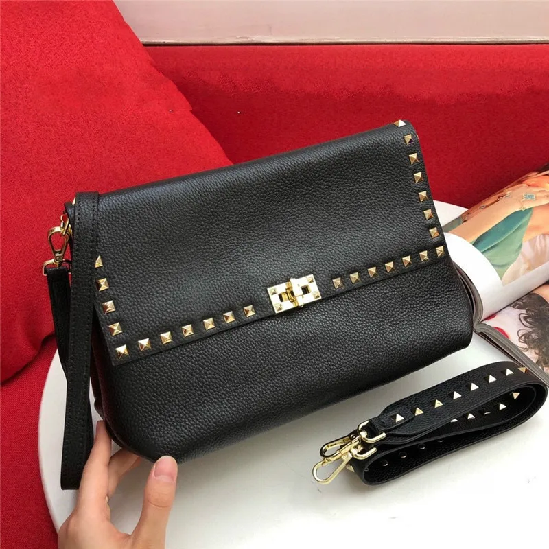 30cm Wide Strap Cross Body Bag Rivet Large Square Bag Women Genuine Leather Messenger Bag Genuine Real Leather Stud Shoulder Bag