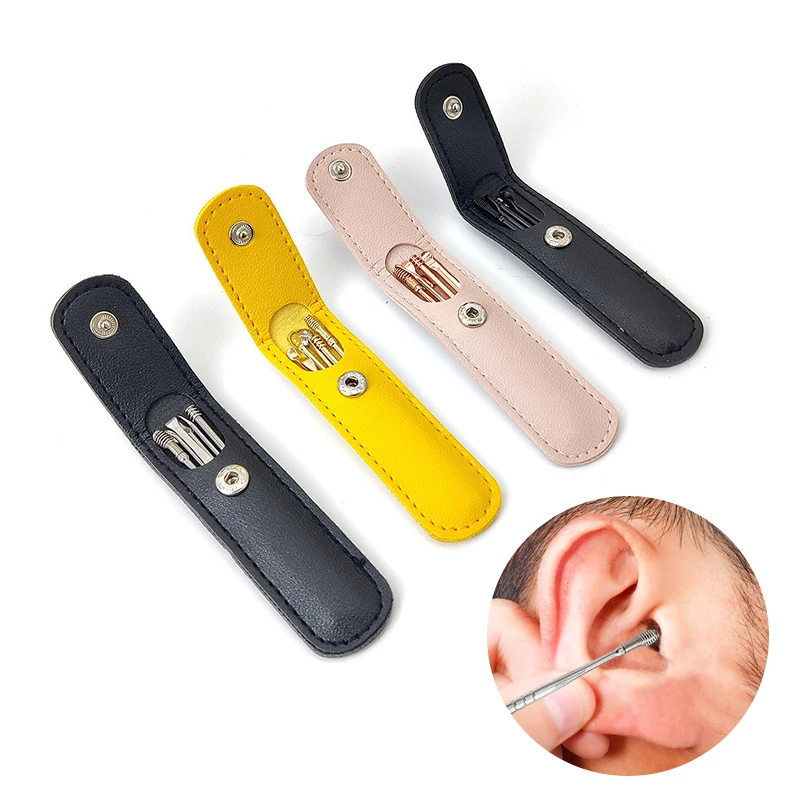 Aço inoxidável Espiral Ear Pick Spoon, Ear Wax Removal Cleaner Tool, Multi-Function portátil com armazenamento Holster, 6pcs por conjunto