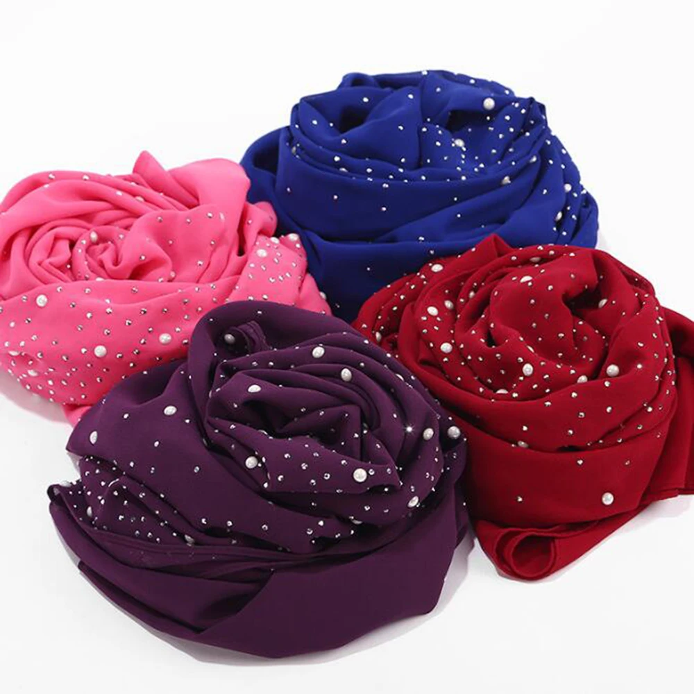 Women Gift Fashion Chiffon Pearl Scarf Ladies Fashion Muslim Hijab Jersey Shawl Long Head Wrap Islamic Muslim Soft Long Shawl