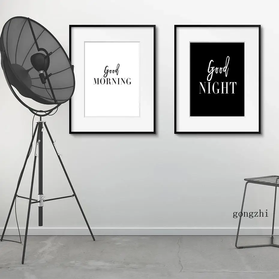 

Good Morning Good Night Quote Poster Black White Letter Canvas Paintings and Prints Wall Art Pictures Kids Room Bedroom Decor