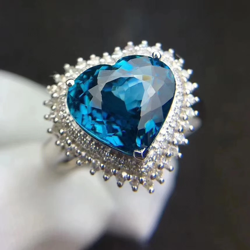 KJJEAXCMY fine jewelry 925 sterling silver inlaid natural London Blue Topaz girl elegant simple heart gem ring support check