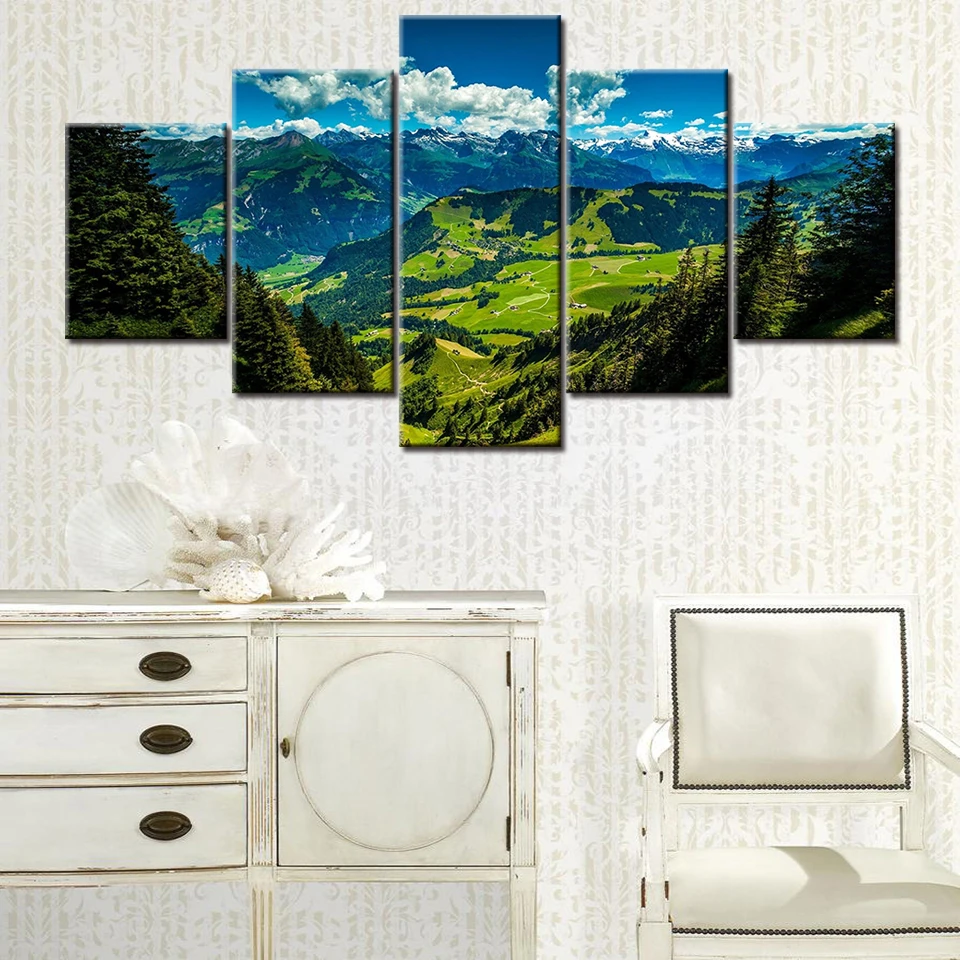 5 pieces HD Print Green Valley View Wallpaper posters on canvas Modular Wall Art Painting Poster for living room Home Decor