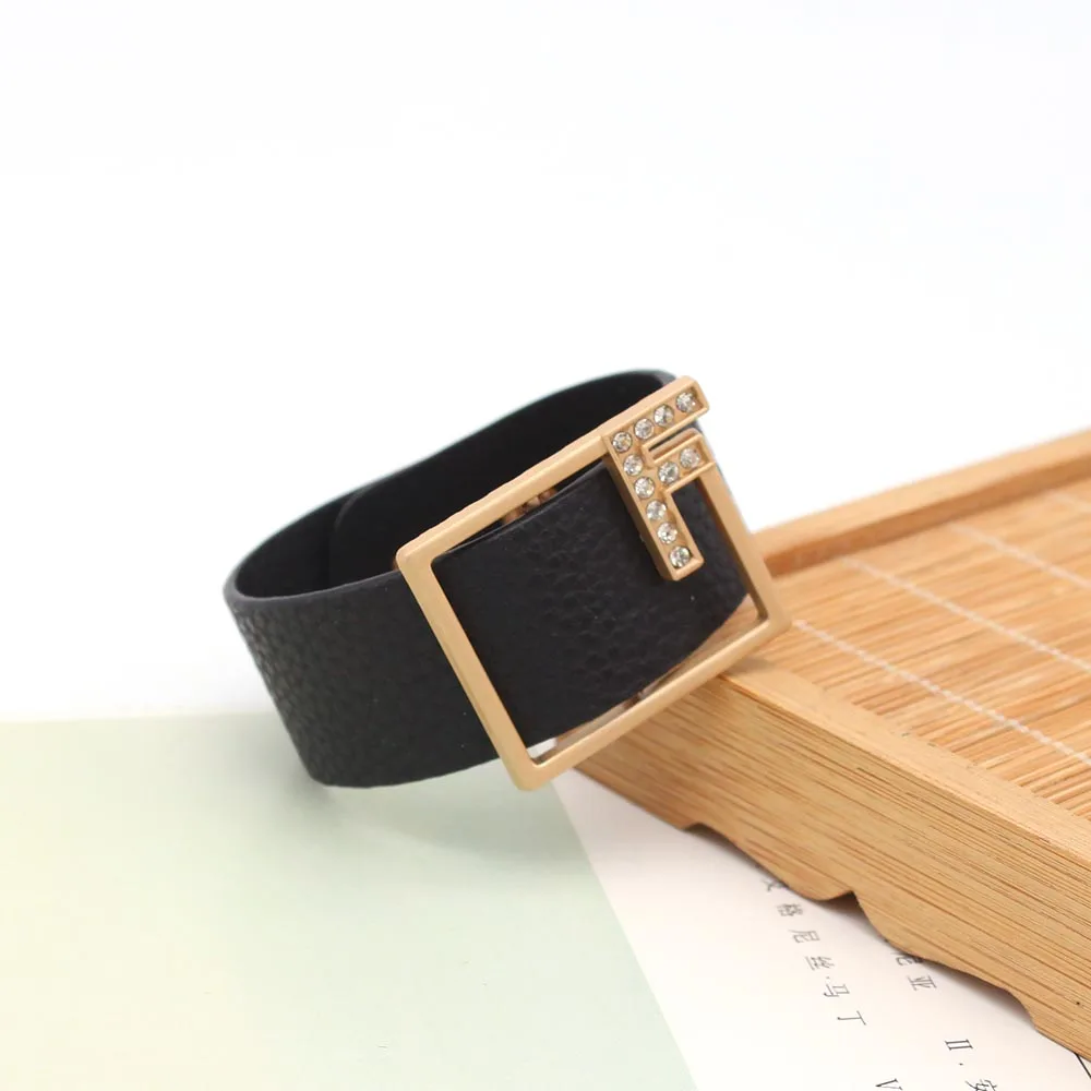 TOTABC Fashion Black Leather Bracelet Crystal F Wristbands Wrap Bracelet