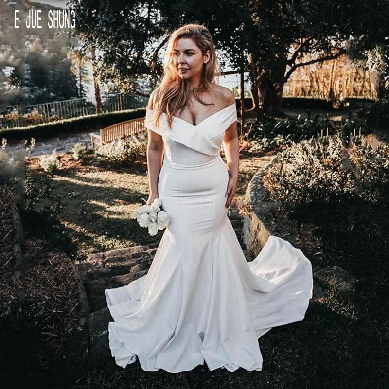 

E JUE SHUNG Satin Mermaid Wedding Dresses Off The Shoulder 2020 Simple Bridal Dresses Zipper Back Vestido de novia Bridal Gowns