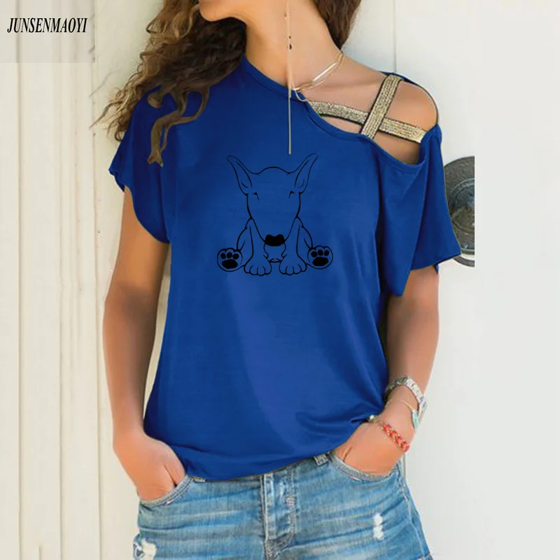 Women fashion Summer new Bull Terrier Dog print graphic t shirts Causal Short Sleeve t shirt Irregular Skew Cross Bandage Tops