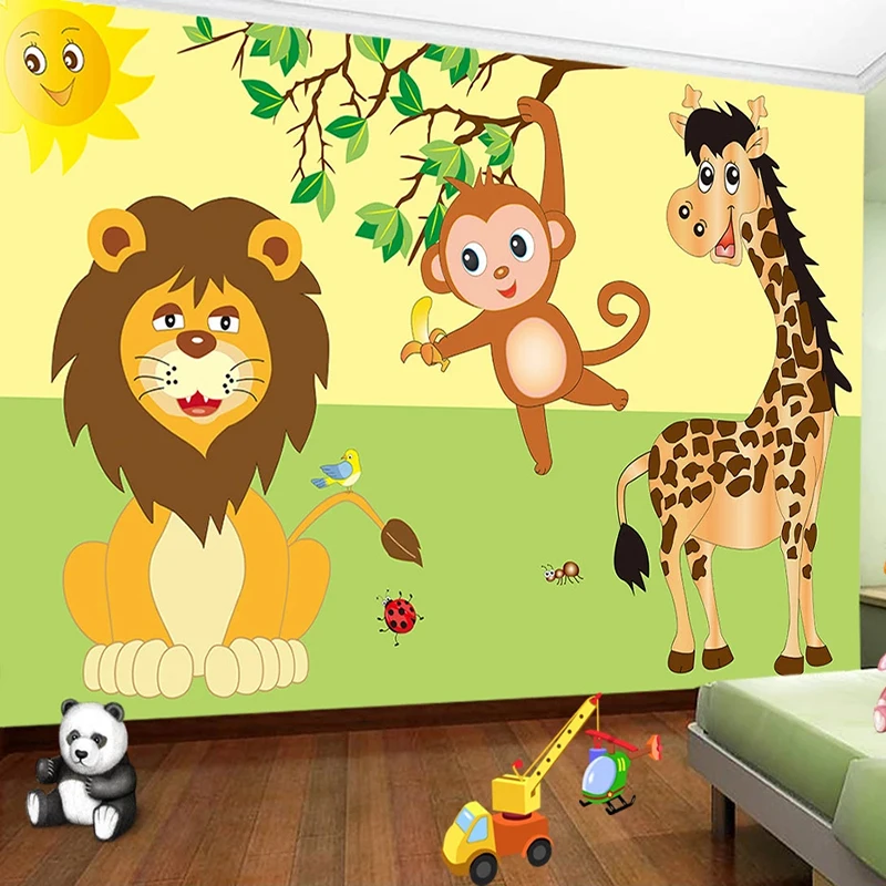 

Custom Mural Cartoon Sun Giraffe Monkey Lion Bird Boys Girls Children Room Bedroom Kindergarten Wall Picture Decoration Painting