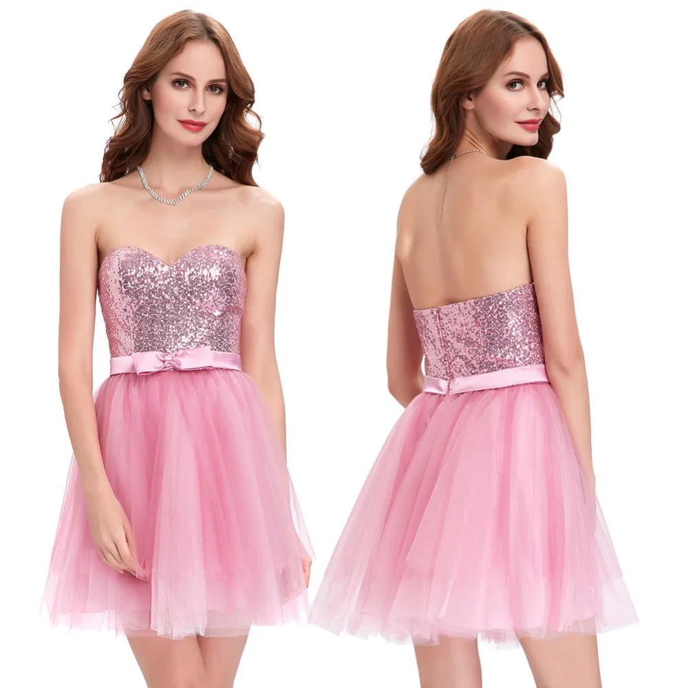 

Women Short Tulle Homecoming Dresses Sweetheart Strapless Prom Party Gowns Sashes Bow Sequined Sleeveless Cocktail Dress