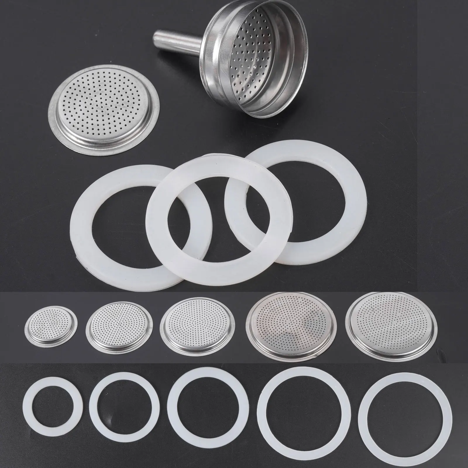 2/4/6/9/12 Cup Moka Express Funnel Kits, Espresso Coffee Replacement Gasket Seals, Stainless Steel Funnel Filter Plate Funnel