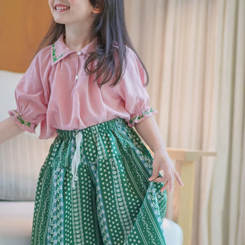 2022 Spring Summer New Girls Clothing Sets Country Style Girls Cute Fashion Embroidered Blouse+Wide Leg Pants Children'S Clothes