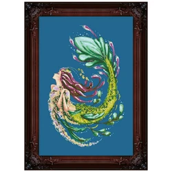 Mermaid fairy cross stitch kit beads pattern design 18ct 14ct 11ct denim blue canvas embroidery DIY needlework