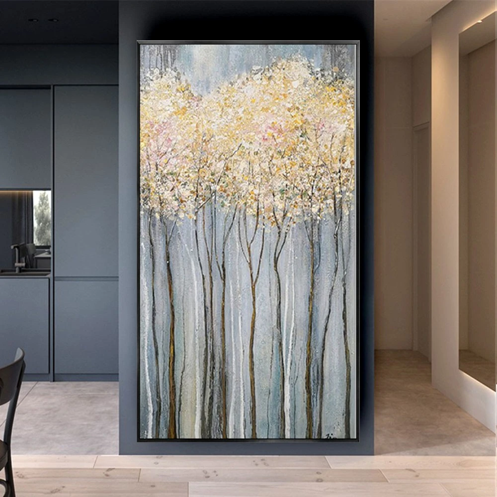 

Palette Knife Hand-Painted Scenery Oil Painting Abstract Golden Tree Canvas Picture Living Room Bedroom Modern Wall Trendy Decor