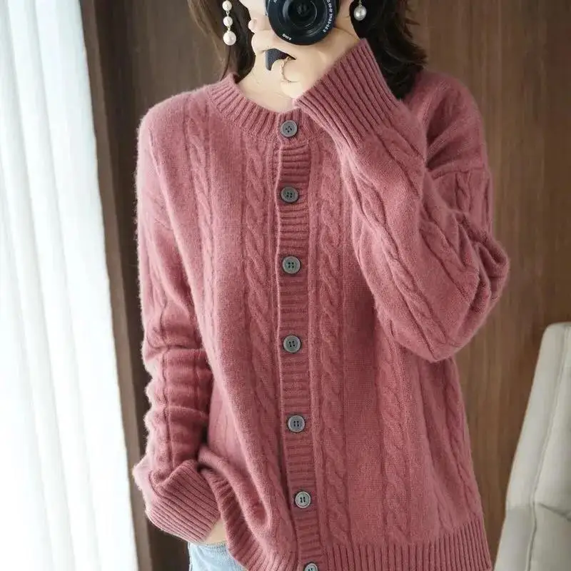 Autumn Winter New Imitation Wool Cardigan Tops Women Diamond Single-Breasted Hoodie Outwear Loose Knit Sweater Coat Retro Jacket