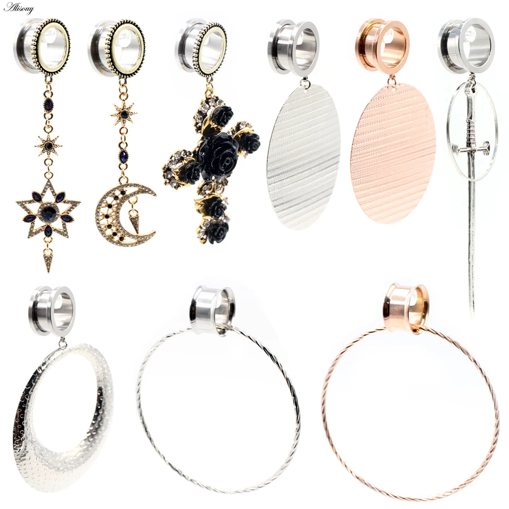 Alisouy-pendiente de acero inoxidable Unisex, expansor de túnel con forma de estrella, Luna, Cruz, espada, circular, expansor de oreja, carne, 2 uds.