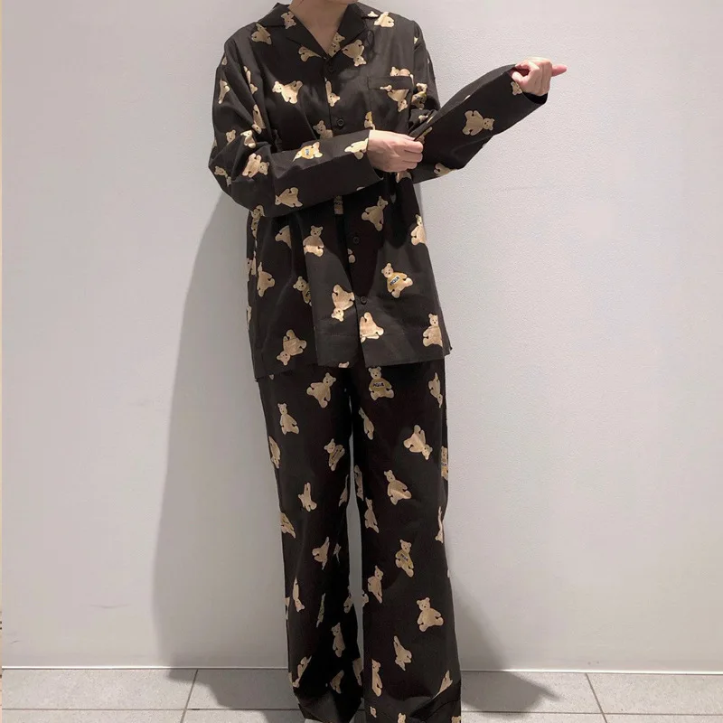 Kuzuwata 2024 New Women Sleepwear Couples Cute Bear Print Home Wear Lapel Long Sleeve Trousers Loose Comfortable Pajamas Suits