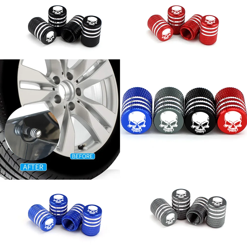 4Pcs/Set Car Tire Valve Stems Cap Knurling Style Skull Tire Valve Cap Aluminum Tire Wheel Stem Air Valve Caps Dustproof Caps