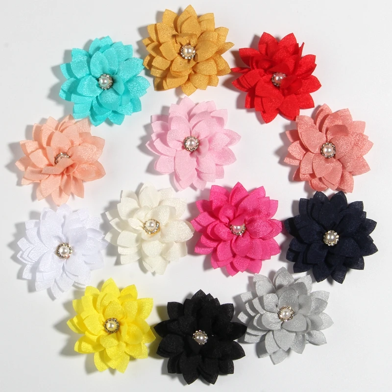 

10PCS 5.5CM 2.1" Small New Lotus Fabric Flowers With Pearl Center Handmade Bloom Flower For Headband Wedding Bouquet Accessory