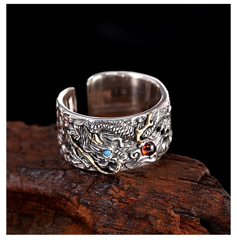 100% s925 silver made old green dragon open ring fashion retro men and women can wear rings