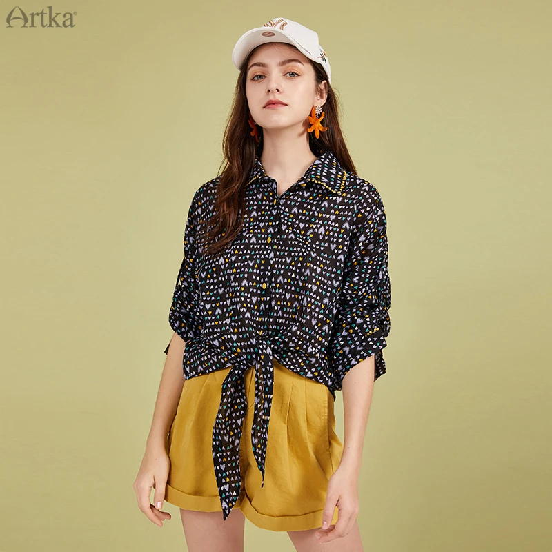 ARTKA 2020 Frühling Sommer Neue Bluse Frauen Vintage Print Weiß Chiffon Hemd Beiläufige Lose Spitze Up Langarm Hemd SA20609C