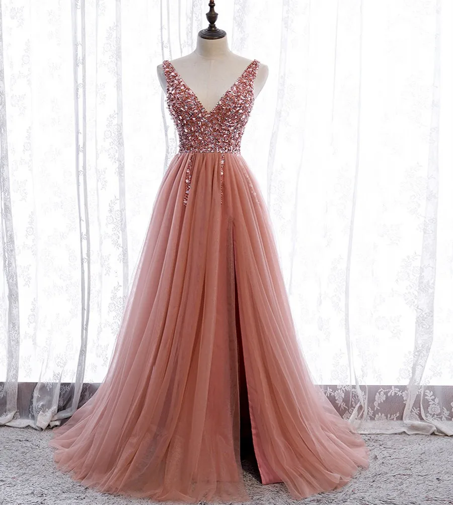 

Sparkle Dark Pink Beading Evening Dresses 2023 V-Neck Open Back Women's Prom Party Gown Arabic Dubai Robe De Soiree Vestidos