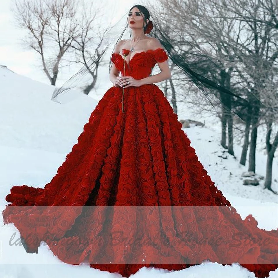 Luxury Red Lace Foral Wedding Dresses in Turkey Lakshmigown 2020 Dentelle Mariage Sexy Bridal Dress Wedding Gowns Long Train