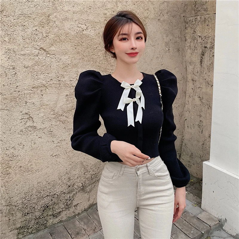 Autumn Winter Women Sweet Short Knitting Top Female O-Neck Bow Beading Puff Sleeve Solid Color Vertical Stripes Pullover Sweater