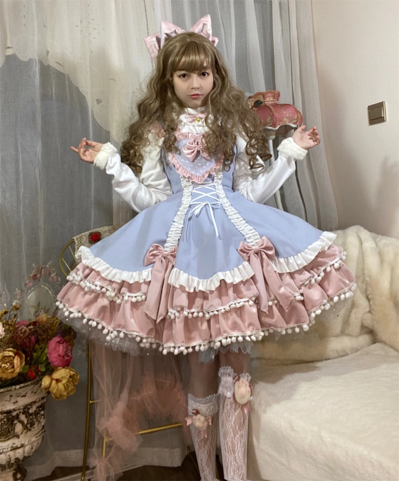 Lolita Sweet Soft Girl Magic Girl Cat Cute Autumn Winter Stand-up Collar Puff Sleeve Dress Cute Thick Suit Dress ＋shirt Cosplay