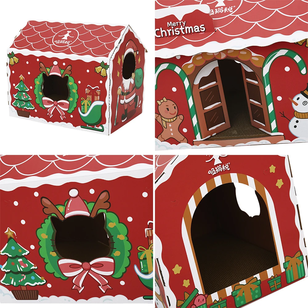 HOOPET Christmas Cat House Cardboard Sctraching Pet Bed Corrugated Papper Box Rabbit Kitten Puppy Nest Christmas Decoration