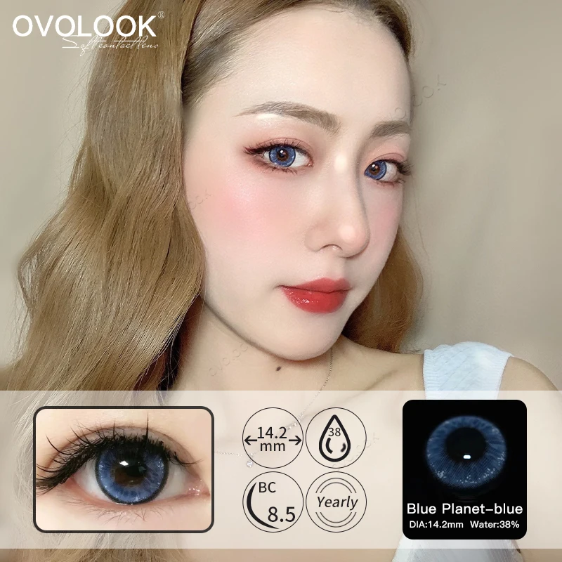 OVOLOOK-2pcs/pair Blue Lenses Naturl Pupil Colored Lenses for Eyes Beauty Contact Lenses Eye Color Lens for Myopia Yearly 14.2mm