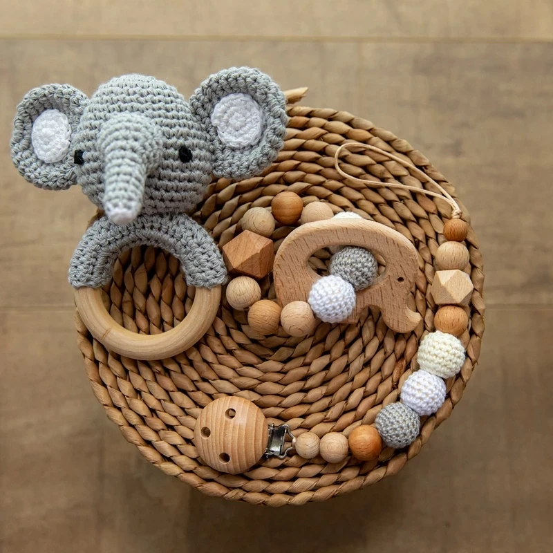 1Set Bayi Mainan Kayu Crochet Gajah Lonceng Musik Tumbuh Gigi Gelang Dot Dummy Klip Gym Memainkan Rodent Produk Mainan