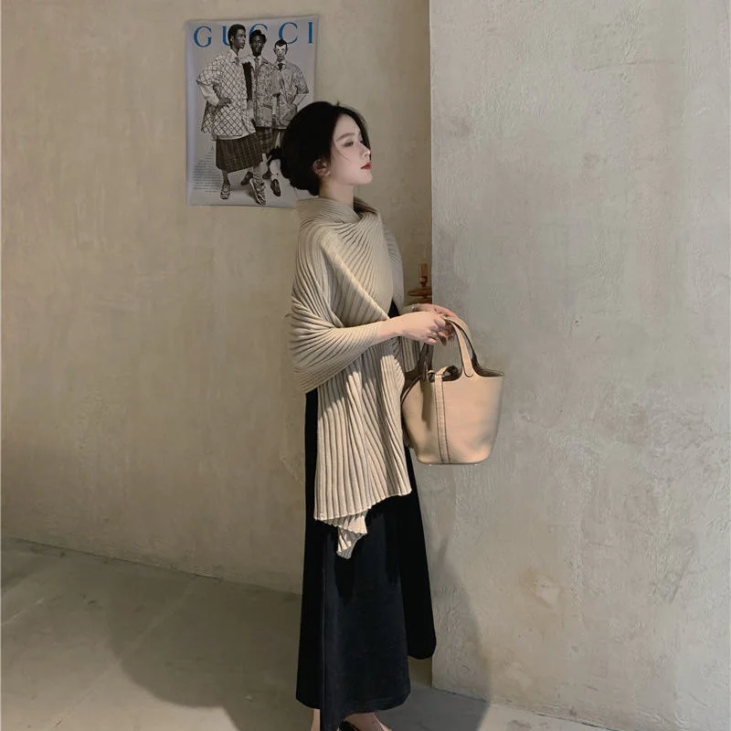 Women Cape Sweater Casual Scarves Solid Loose Knitted Shawl Ladies Tops Poncho Mujer 2021 Spring Vintage Long Black Dress W217