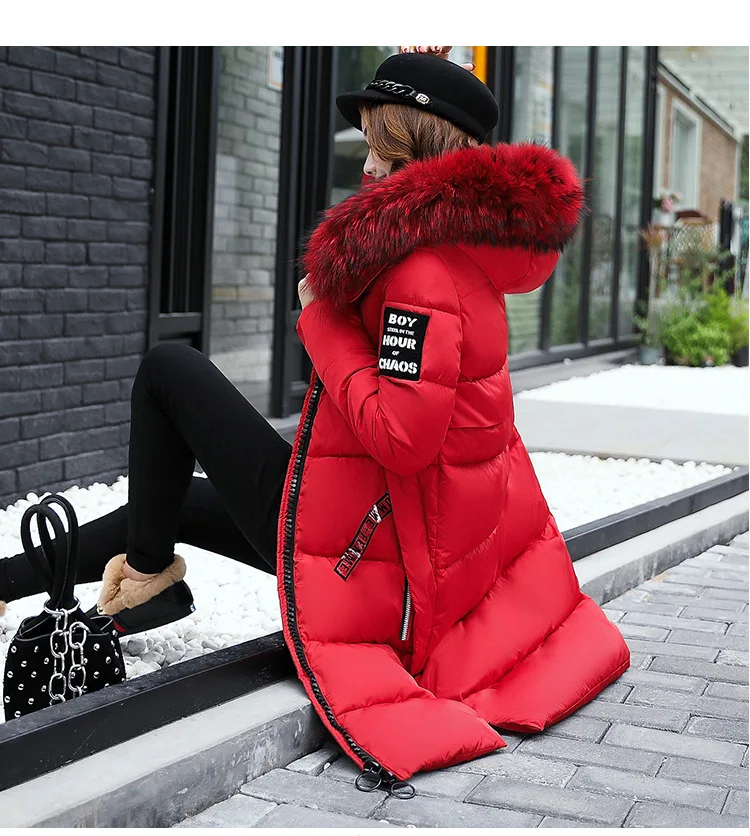 2025 Women's Down Parkas Winter Jacket Big Fur Collar Thick Slim Coat Fashion Hooded Cotton Outerwear Long Winter Woman Coat