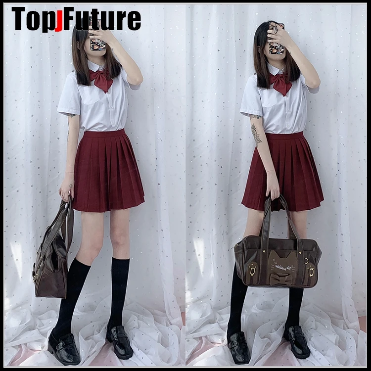 Girl's Japanese Summer High Waist Burgundy Pleated Skirt set Women  JK School Uniform Students Cloths LOLITA cosplay suits