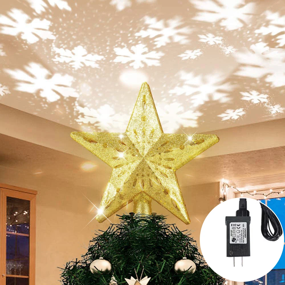 Christmas Tree Topper Star Snowflake Projector Light 3D LED Rotating Glitter Hollow Tree Topper Christmas Decoration Ornaments