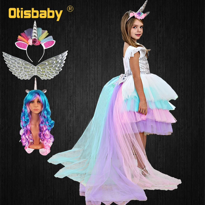 

Children Sequined Layered Ruffles Unicorn Party Girl Dress with Tail Kids Princess Colorful Backless Shining Horse Girls Clothes