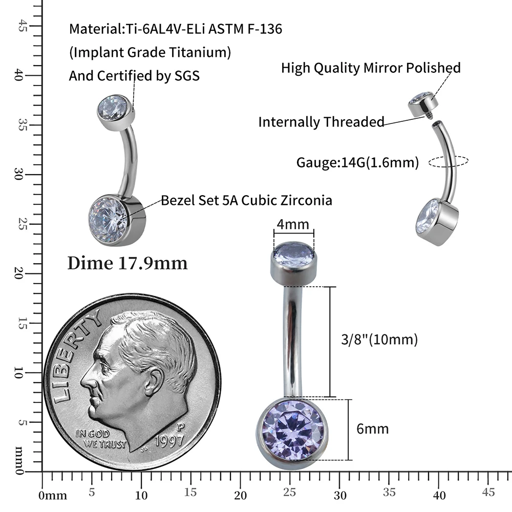 Right Grand ASTM F136 Titanium Belly Button Clear Zircon Bezel Piercing 14G Internally Threaded Navel Ring Body Jewelry