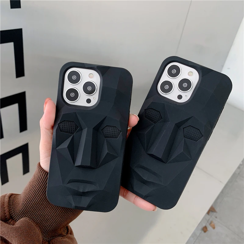 3D Man in Black Mask Easter Island Stone Statue Silicon phone case for iphone 14 Pro 12 11 13pro Max Xs Xr 7 8 Plus X soft cover