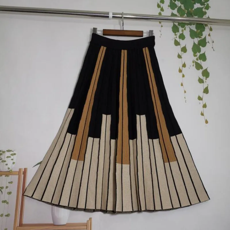 Autumn Winter Vintage High Waist Elastic Pleated Skirt Korean New Pleated Knitted Contrast Vertical Striped Mid-length Skirt