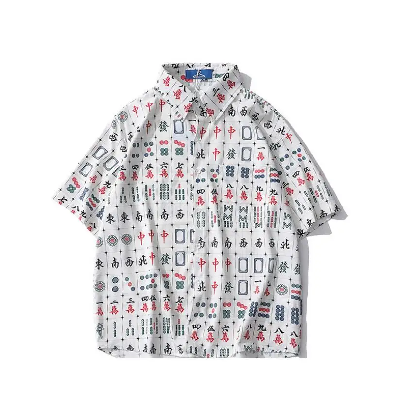 

Designer Chinese Mahjong Printed Men Shirt 2021 Summer Short Sleeve Streetwear Casual Hawaiian white Chemise Homme Hip Hop w1687