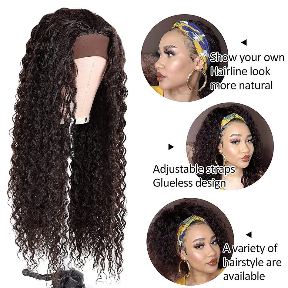 Water Wave Headband Wig For Black Women Long Hair 28Inch Curly Headband Wig Natural Color No Glue No Sew In Beginner Friendly