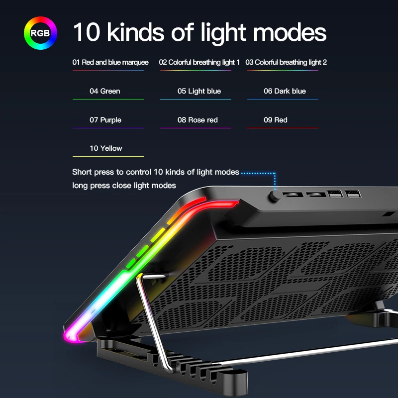 Coolcold-RGB Light Base Cooler Notebook com suporte do telefone, 6 LED Fan, 10-15, 6 polegadas Gaming Laptop Cooling Pad