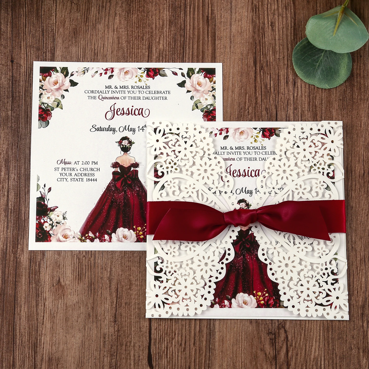 1pcs Square Invitations Cards Bridal, Baby Shower Invite, Birthday, Dinner Invites, with Red Bowknot Hollow W0003