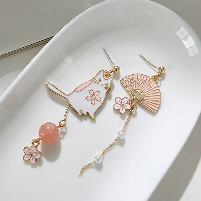 Chinese Style Folding Fan Crane Carp Lotus Asymmetrical Long Tassel Dangle National Style Earrings for Women Jewelry Gift