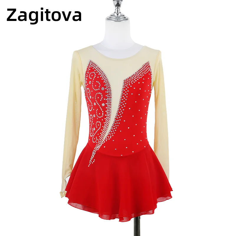 

Zagitova Figure Skating Performance Dress Women Girls Ice Skating Skirt Red Long Sleeve Diamonds Mesh Skirt