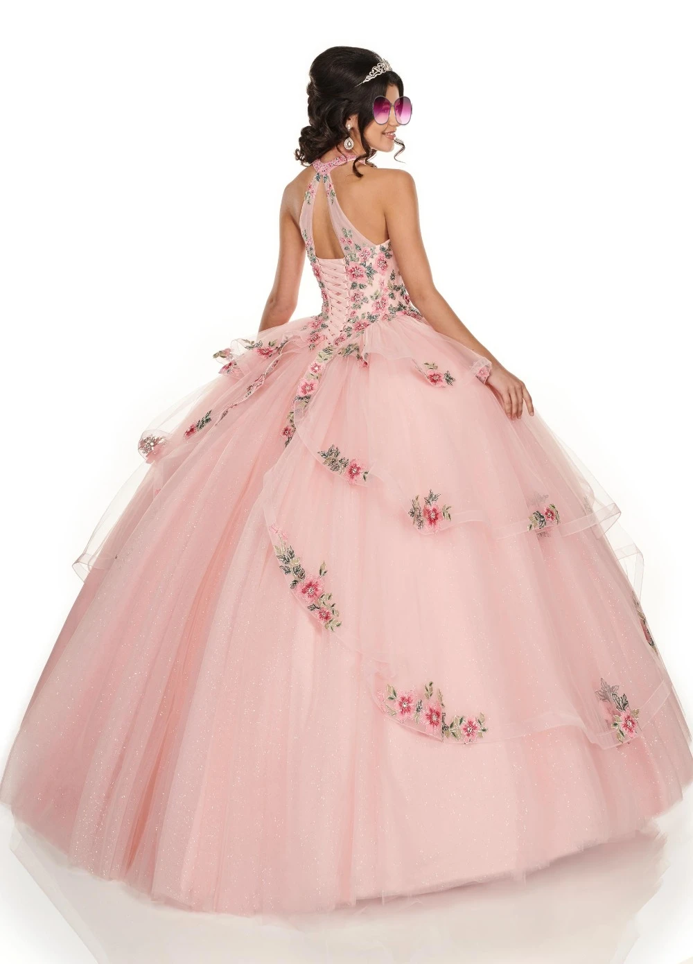 Pink Organza Gaun Bola Quinceanera Gaun 2021 Halter Bordir Manik-manik Prom Gaun Pesta Vestidos De 15 Anos Backless