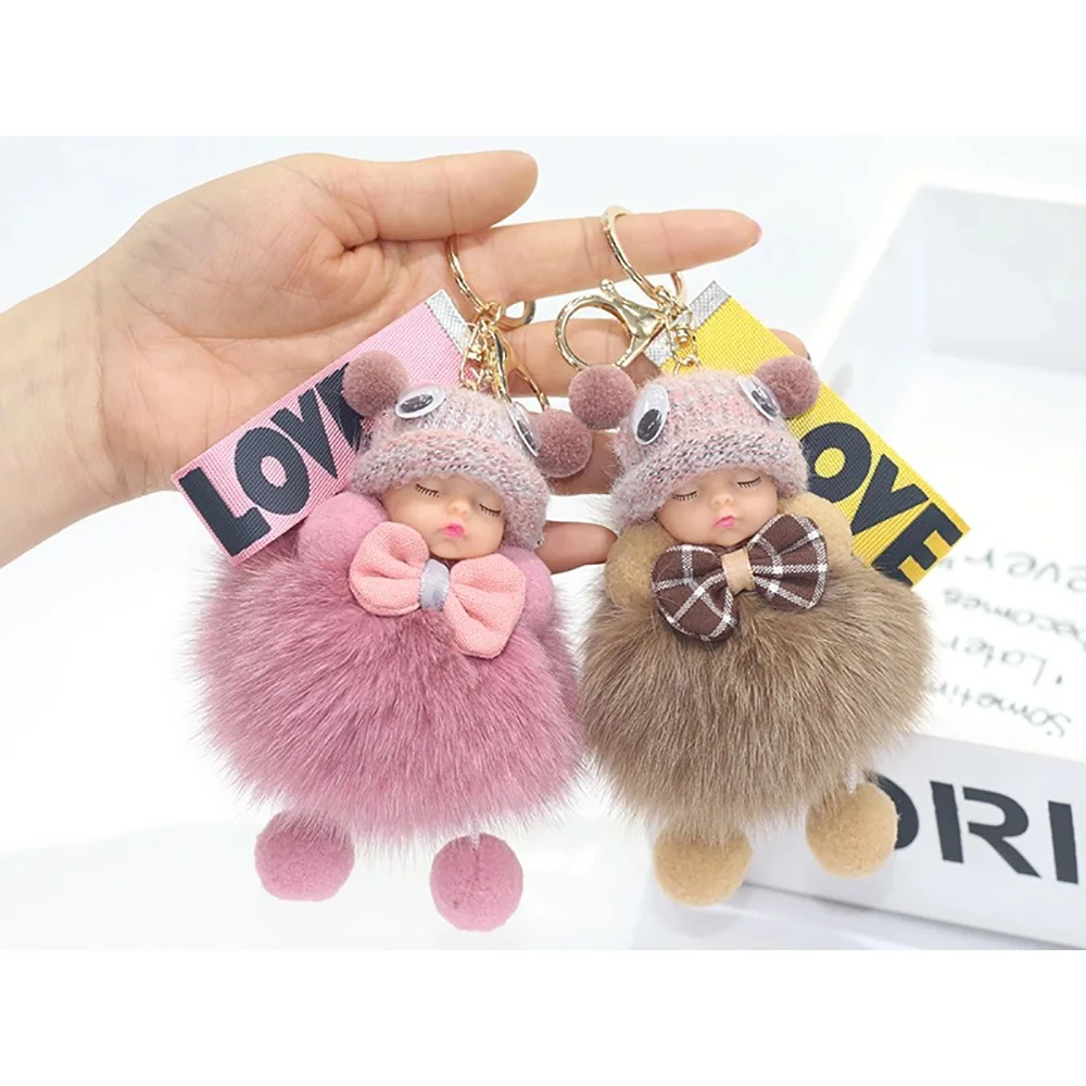 Fashion Colorful Sleeping Baby Doll Car Keychain Hanging Piece Hair Ball Bag Pendant Cute Fluffy Fur Pompom Key Ring Holder Toy