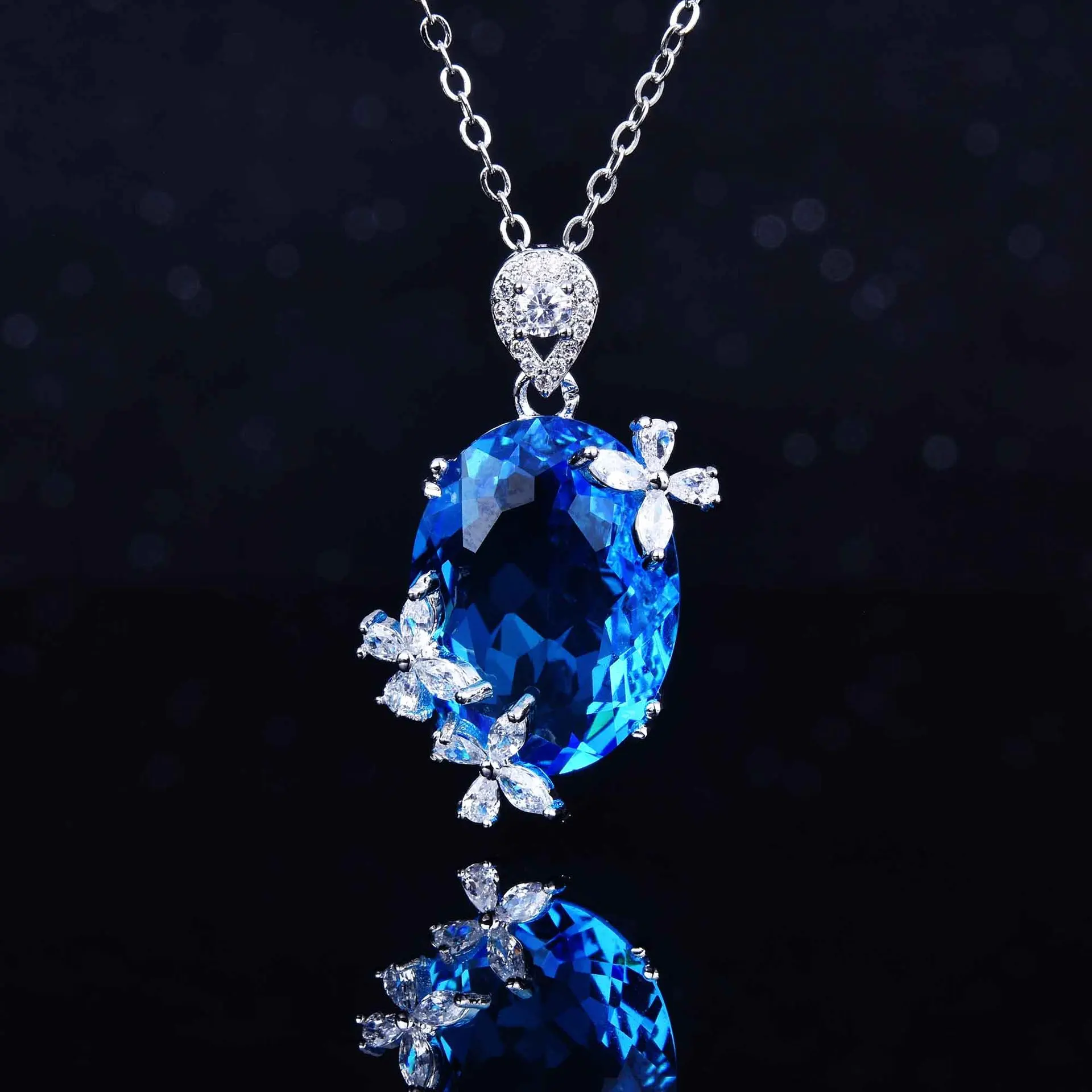 2pcs Charm Silver Color Jewelry Sets Blue Crystal Sapphires Imitation Butterfly Pendant Necklace Ring Women Fashion Party Gift